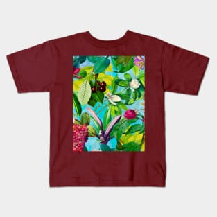 Trendy tropical floral leaves and fruits tropical pattern, botanical illustration, tropical plants, aqua blue floral illustration Kids T-Shirt